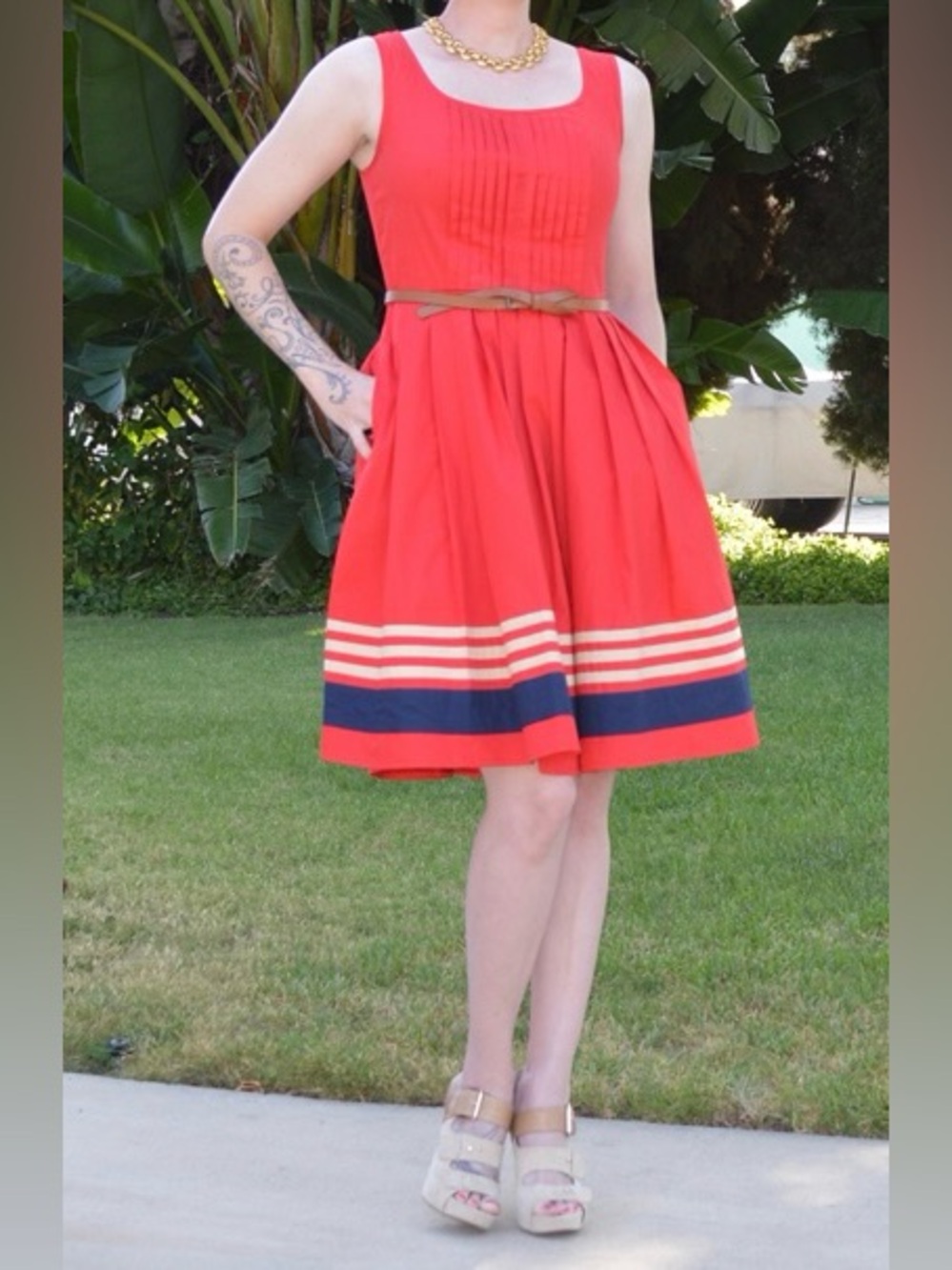 eshakti Red Sleeveless Fit-and-Flare Dress with Navy and Tan Hem Stripes